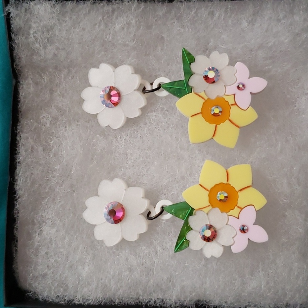 Shimmery White, Pale Pink and Yellow/Orange Floral Earrings. New in box.
